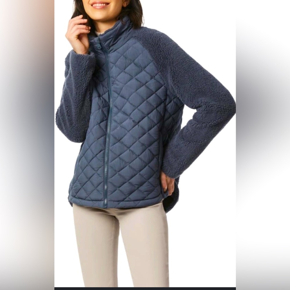Bernardo mixed media packable quilted Sherpa fleece, petrol blue, size xl